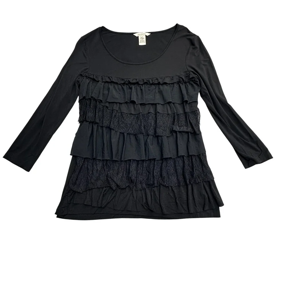 Sundance Blouse Womens Small‎ Black Tiered Ruffle Lace Boho Tunic Top 3/4 Sleeve